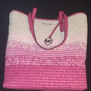 NWT,Michael Kors Pink and White Woven Tote Bag